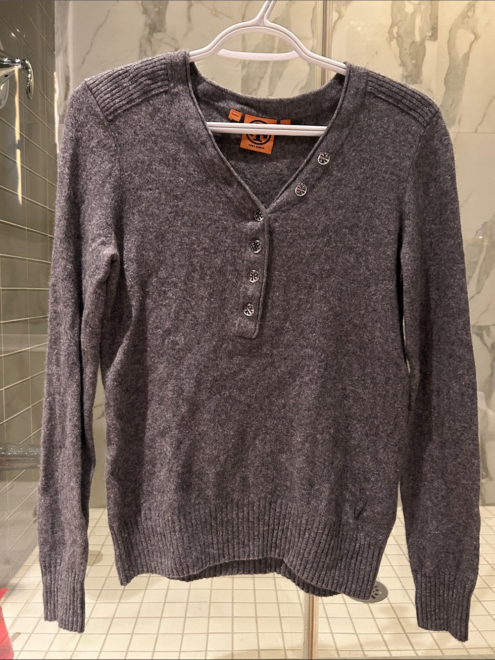 Tory Burch Grey V-Neck Henley Sweater